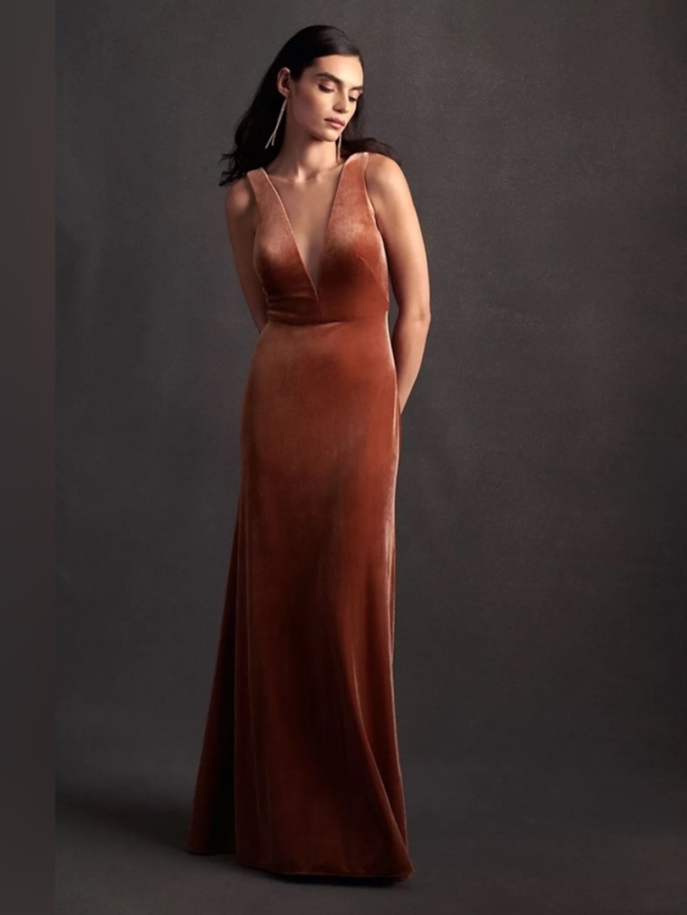 Jenny Yoo Collection Logan Deep-V Velvet Column Gown in English Rose Sz 4 - Picture 2 of 10